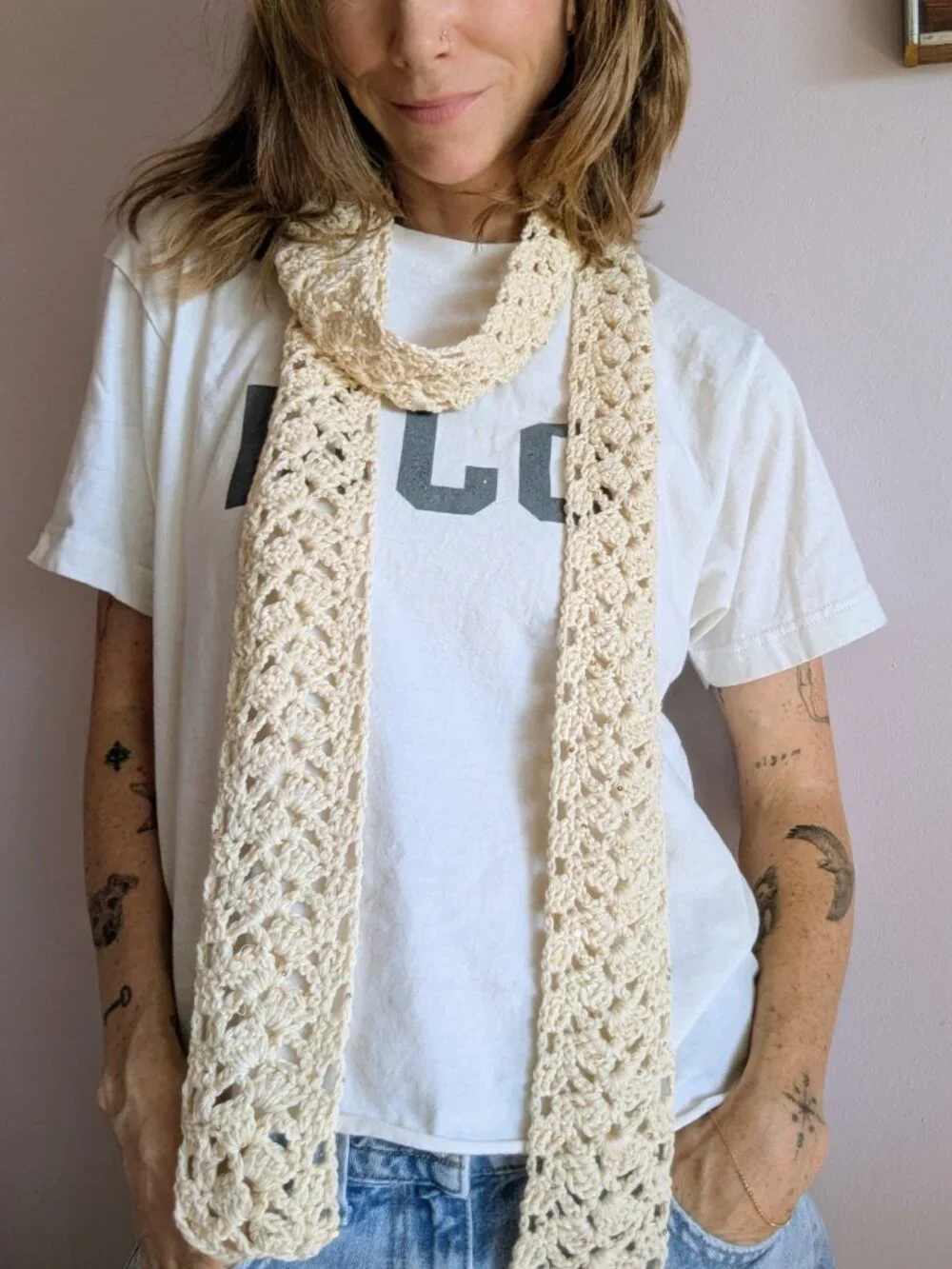 Handmade Crochet Lace Sequin Skinny Scarf Extra Long Linen Cream Gold